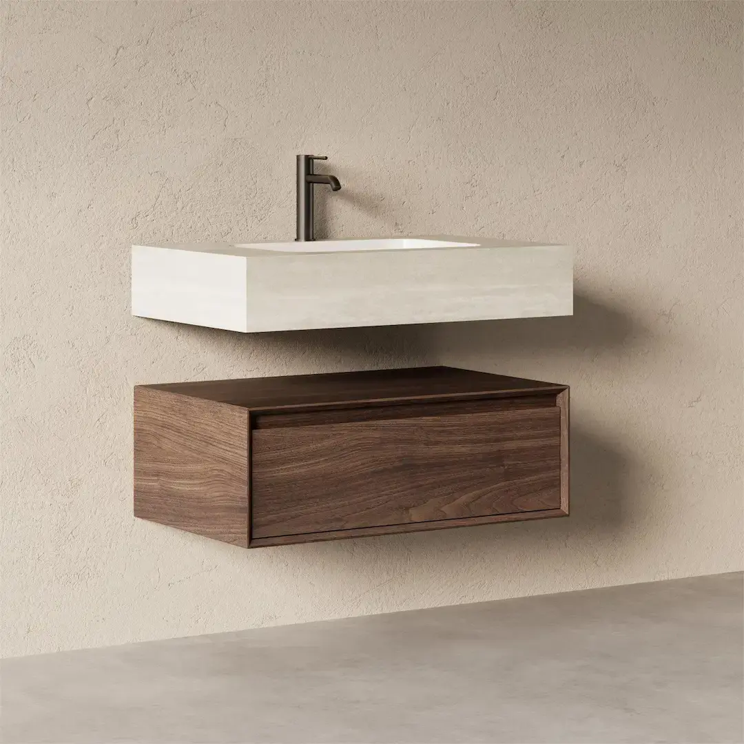 Meuble Vasque Suspendu Irene 80 cm – Duo Noyer & Travertin
