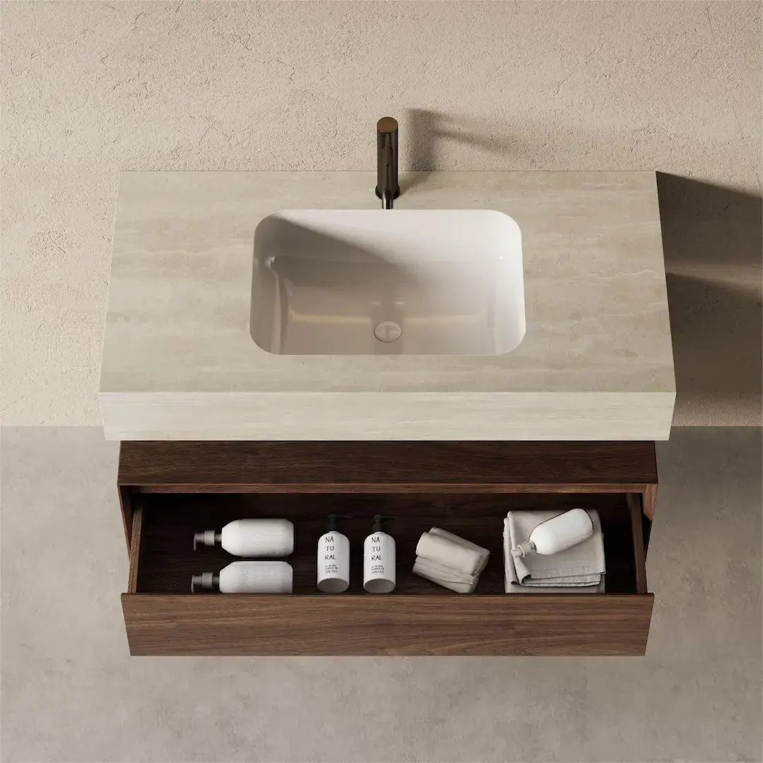 Meuble Vasque Suspendu Irene 100 cm – Duo Noyer & Travertin