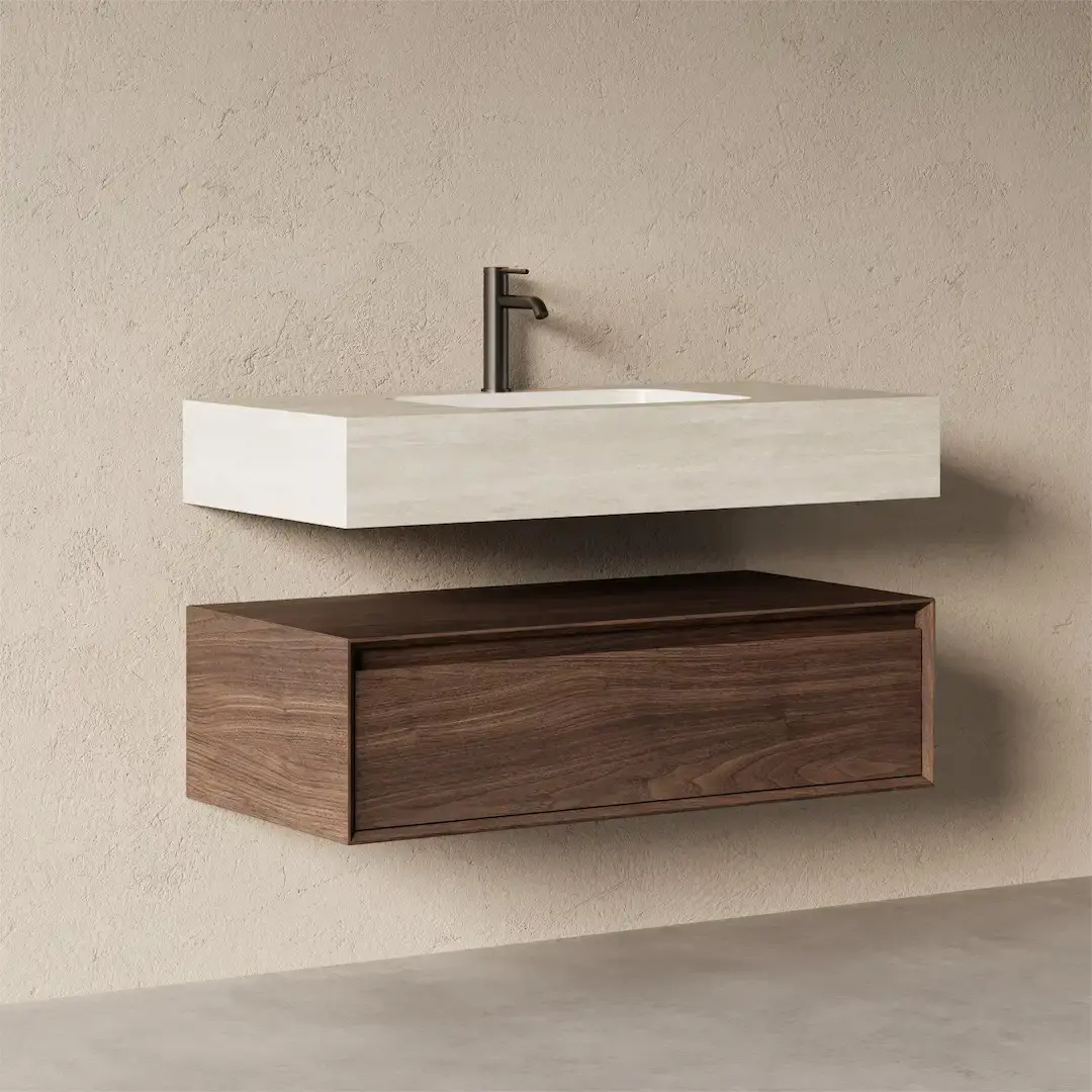 Meuble Vasque Suspendu Irene 100 cm – Duo Noyer & Travertin