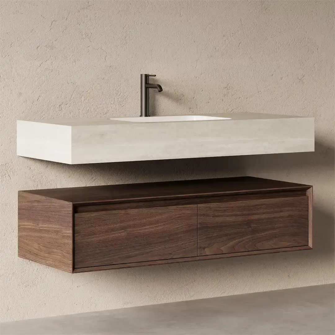 Meuble Vasque Suspendu Irene 120 cm – Duo Noyer & Travertin