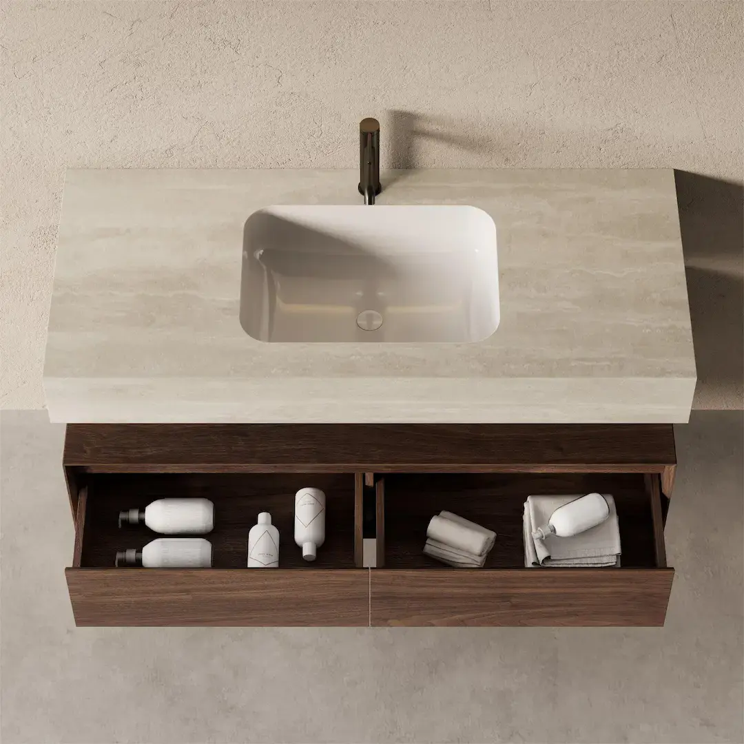 Meuble Vasque Suspendu Irene 120 cm – Duo Noyer & Travertin