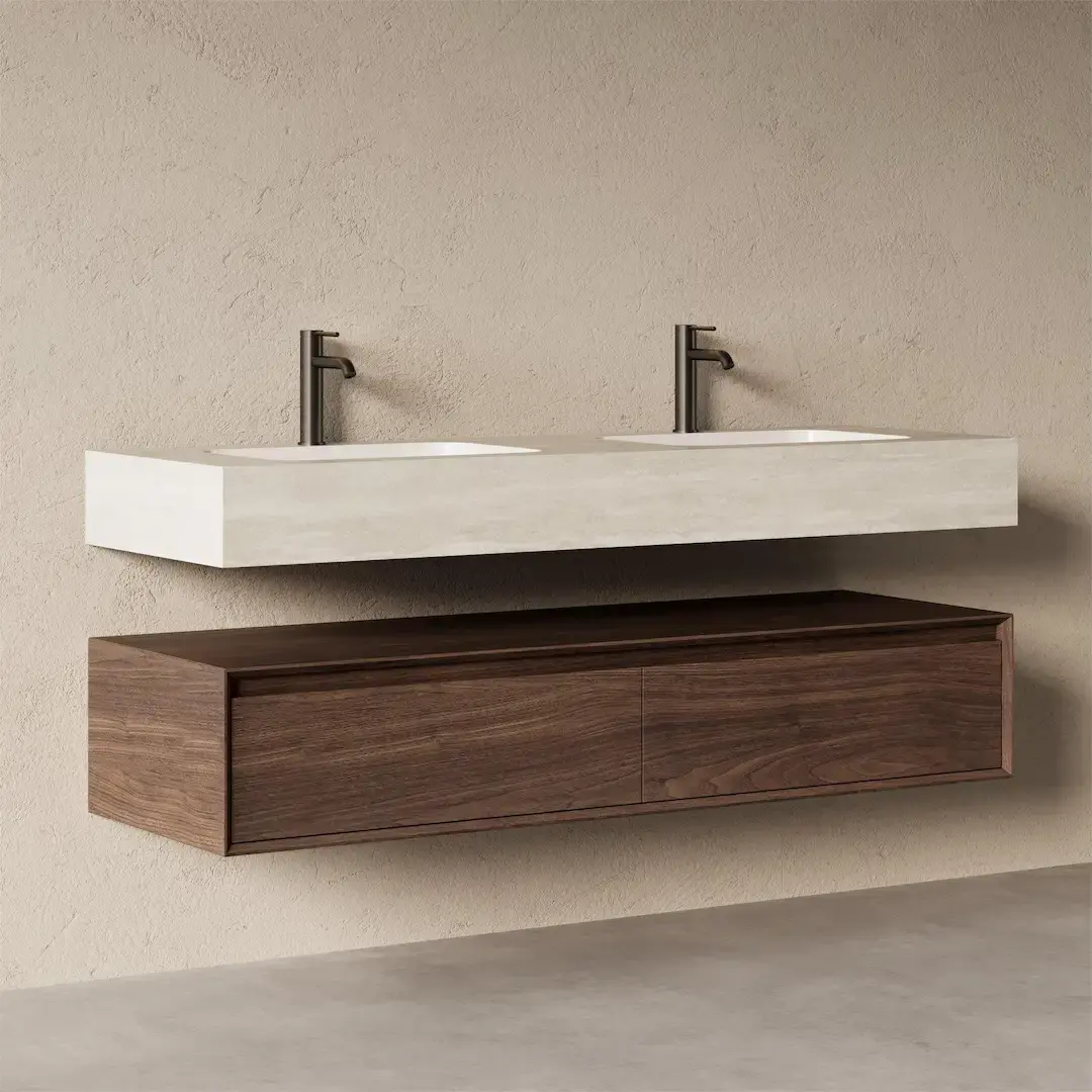 Meuble Vasque Suspendu Irene 150 cm – Duo Noyer & Travertin