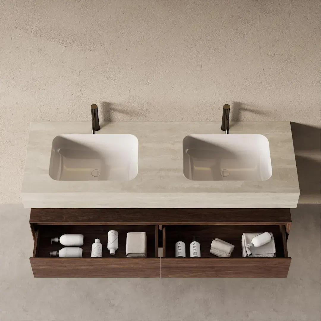 Meuble Vasque Suspendu Irene 150 cm – Duo Noyer & Travertin