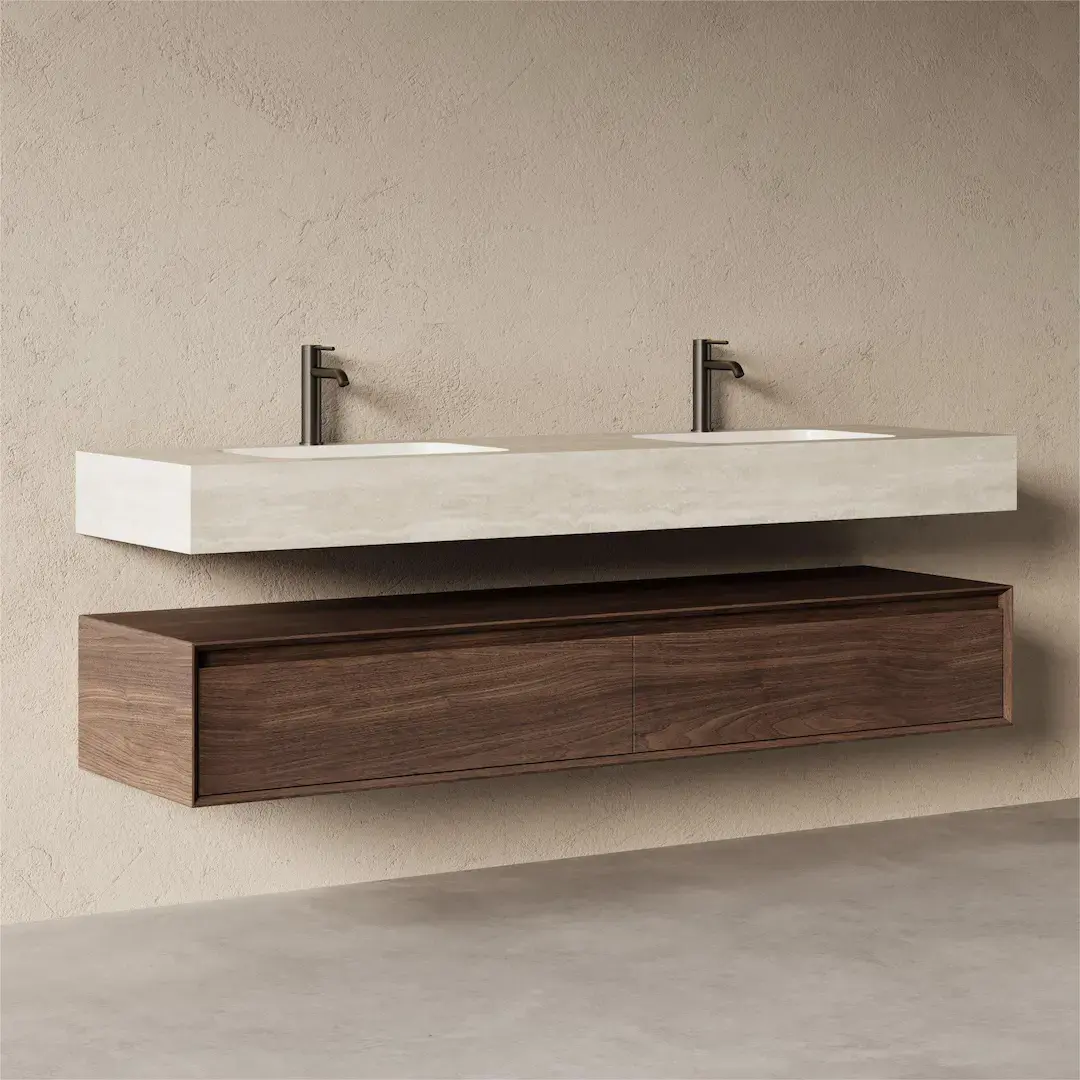 Meuble Vasque Suspendu Irene 180 cm – Duo Noyer & Travertin