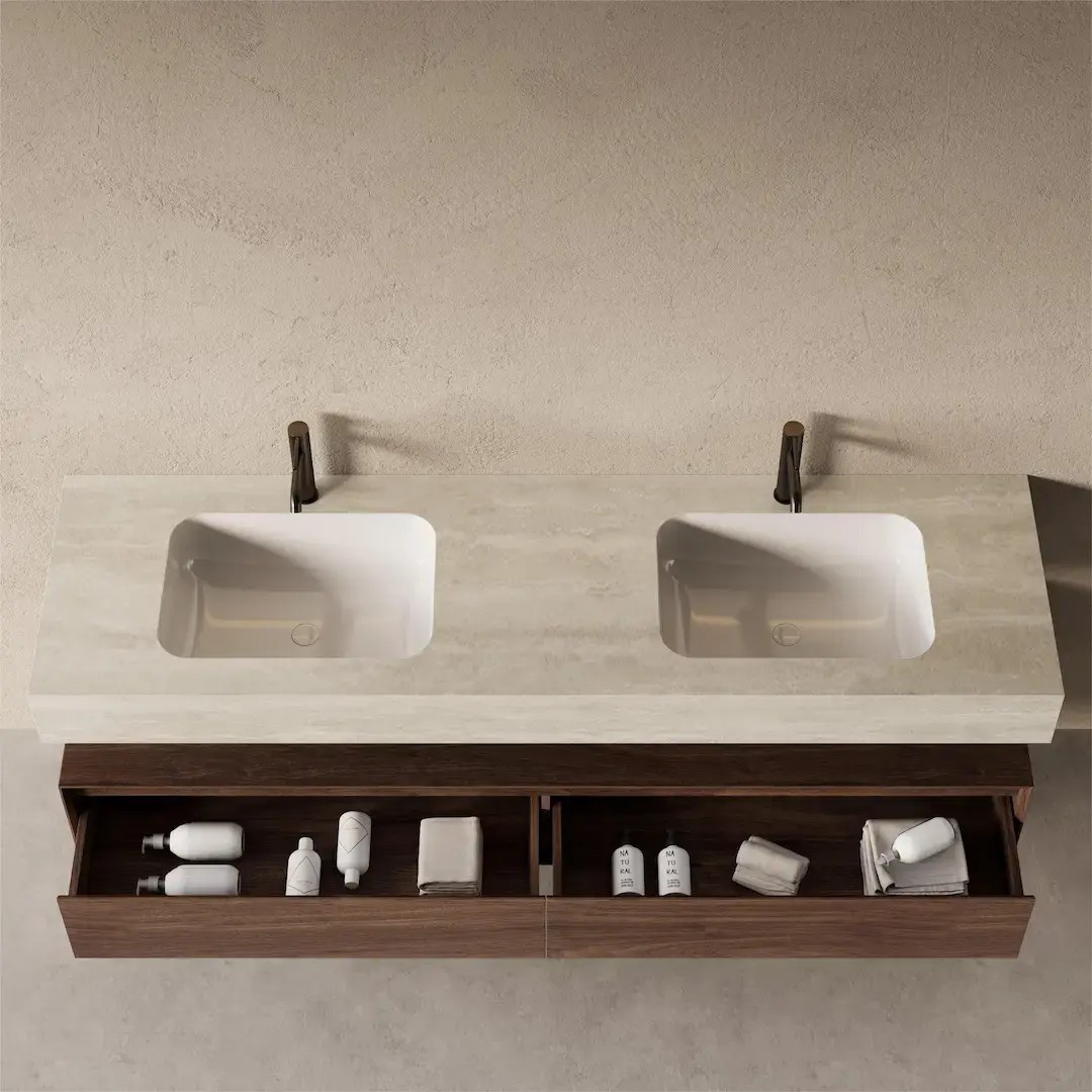 Meuble Vasque Suspendu Irene 180 cm – Duo Noyer & Travertin