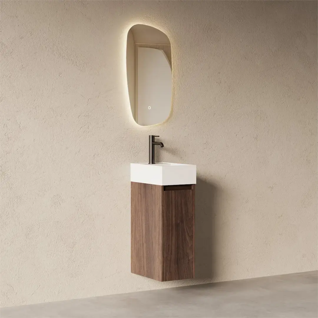 Lave-mains suspendu AUDE – Noyer Foncé & Résine Blanc Mat, 38,5 cm