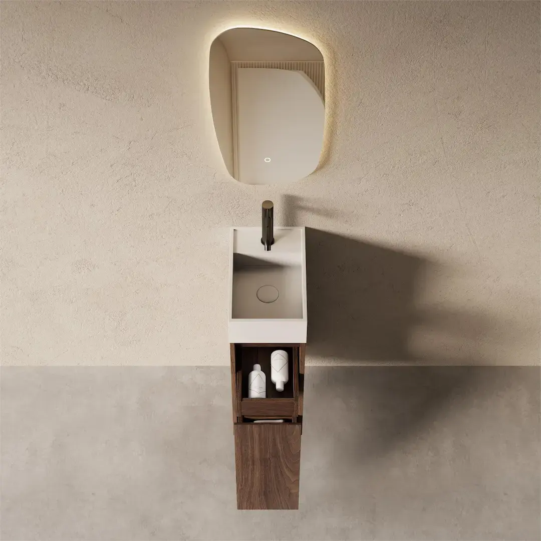 Lave-mains suspendu AUDE – Noyer Foncé & Résine Blanc Mat, 38,5 cm