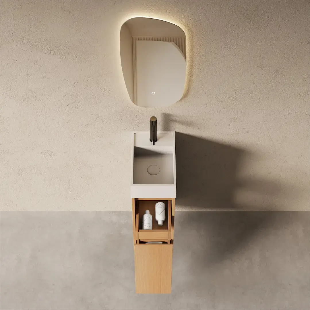 Lave-mains suspendu AUDE – Chêne Naturel & Résine Blanc Mat – 38,5 cm