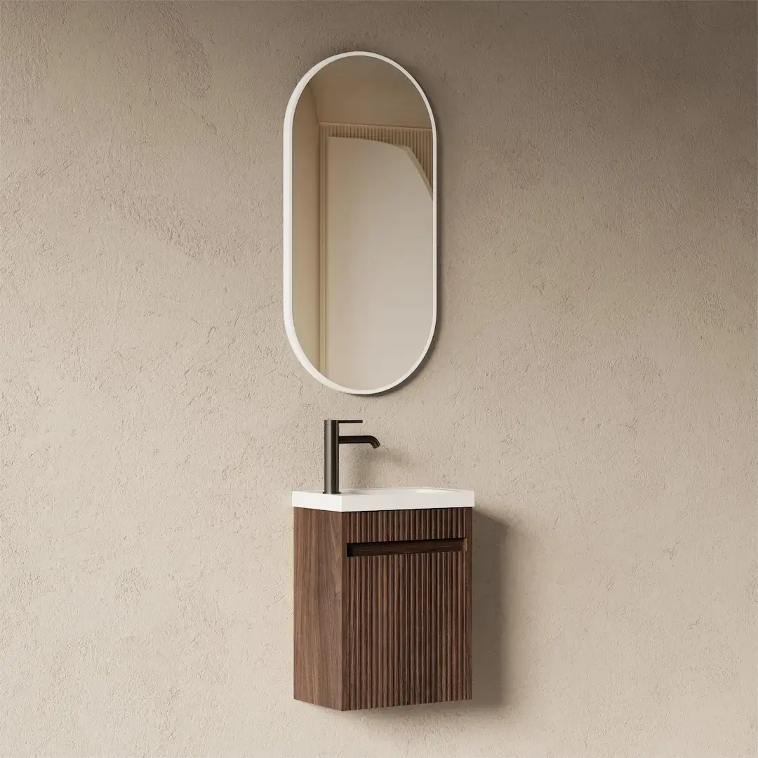 Lave-mains suspendu 39 cm – Noyer Cannelé & Résine Blanc Mat – LILA