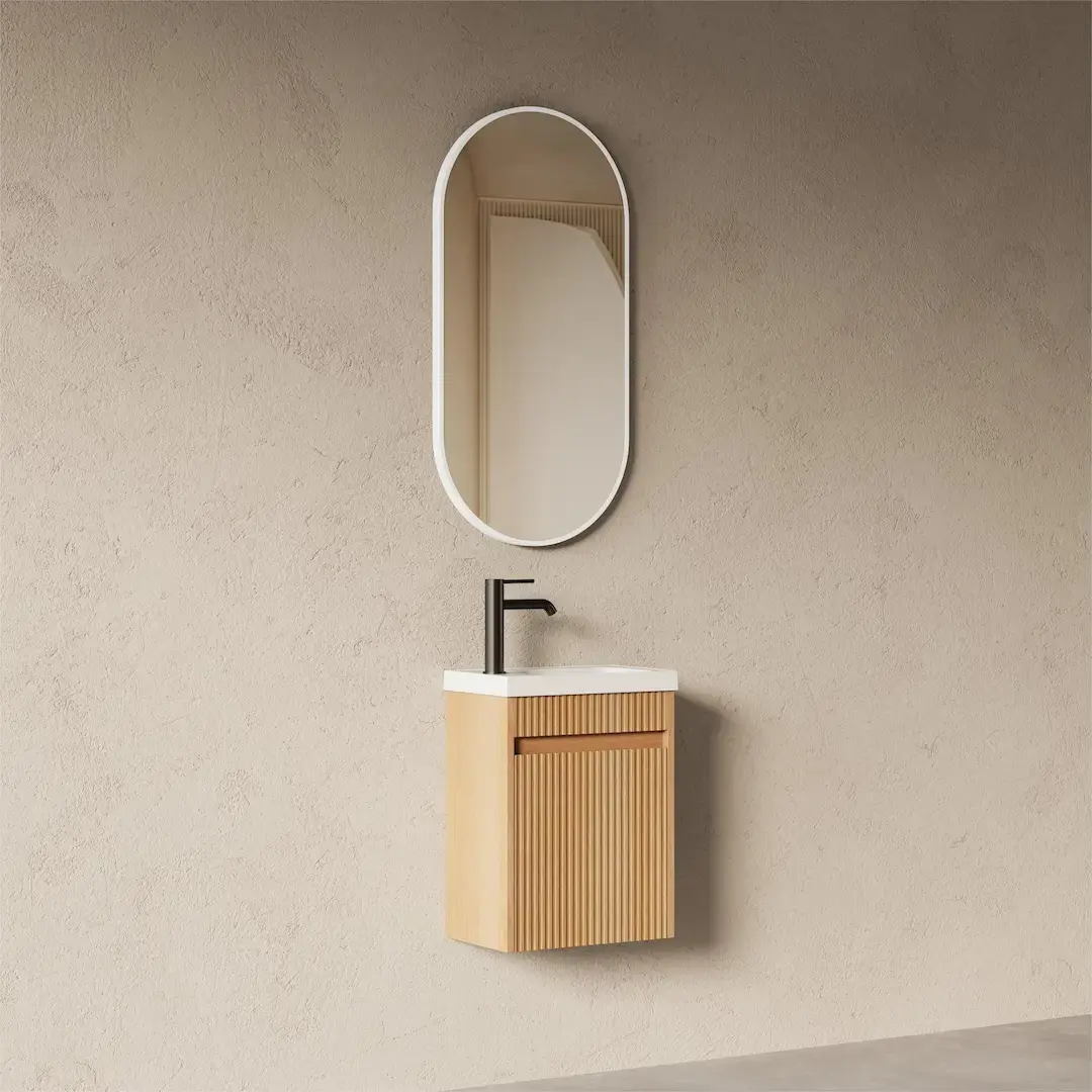 Lave-mains suspendu 39 cm – Chêne Naturel Cannelé & Résine Blanc Mat – LILA