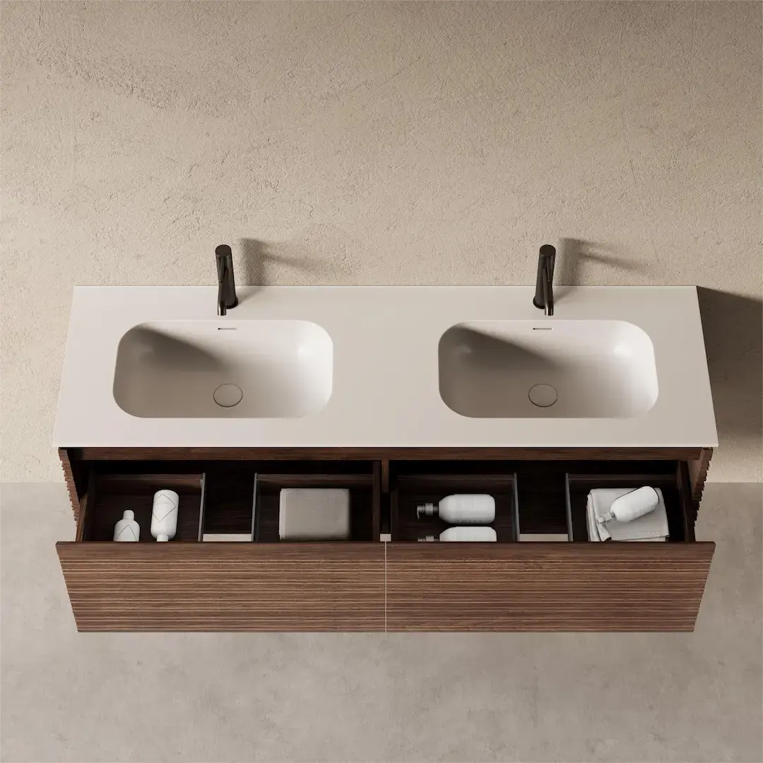 Meuble salle de bain double vasque 150cm noyer cannelé - Orane