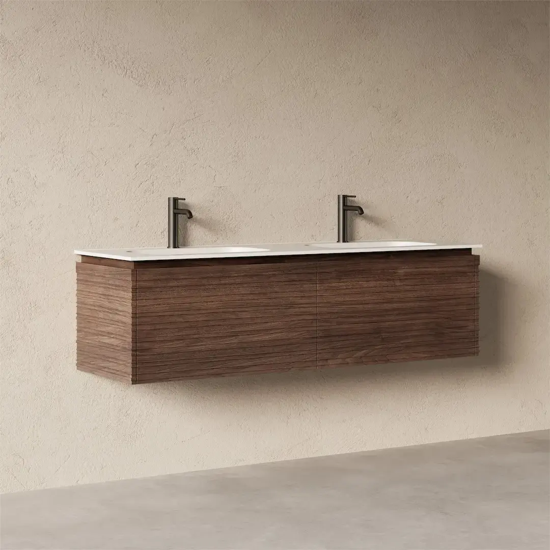 Meuble salle de bain double vasque 150cm noyer cannelé - Orane