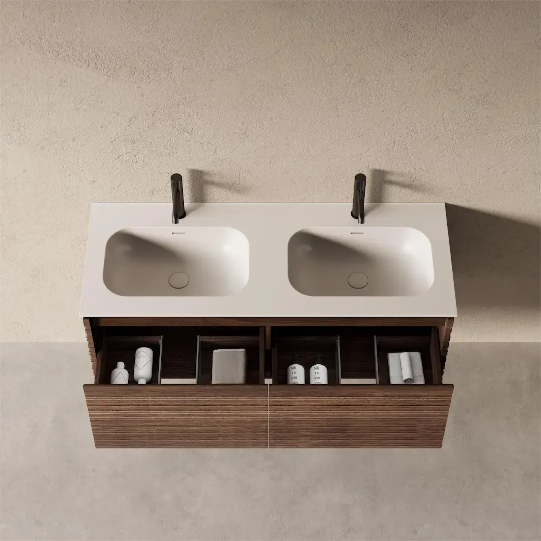 Meuble salle de bain double vasque 120cm noyer cannelé - Orane