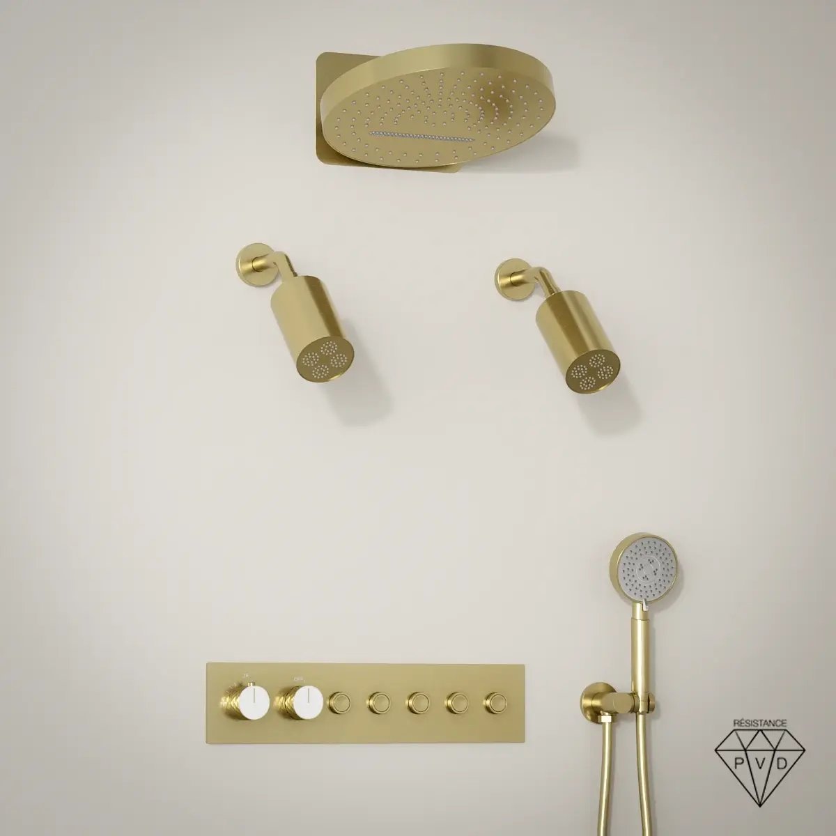 Douche thermostatique, ciel de douche ronde et douches épaules, doré brossé Châtelet