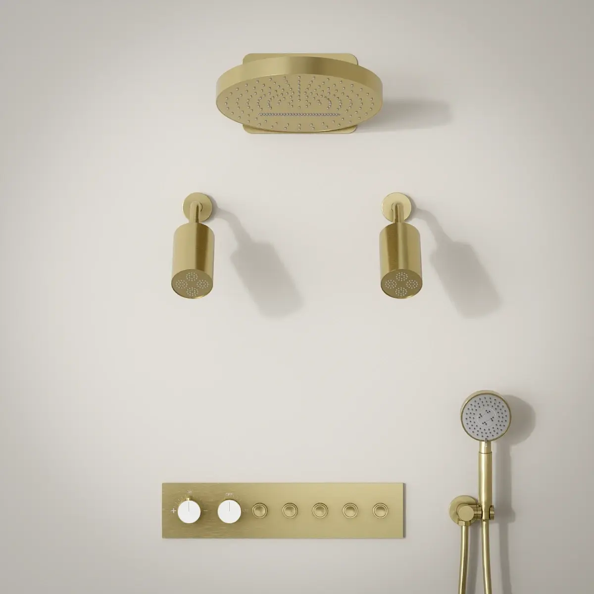 Douche thermostatique, ciel de douche ronde et douches épaules, doré brossé Châtelet