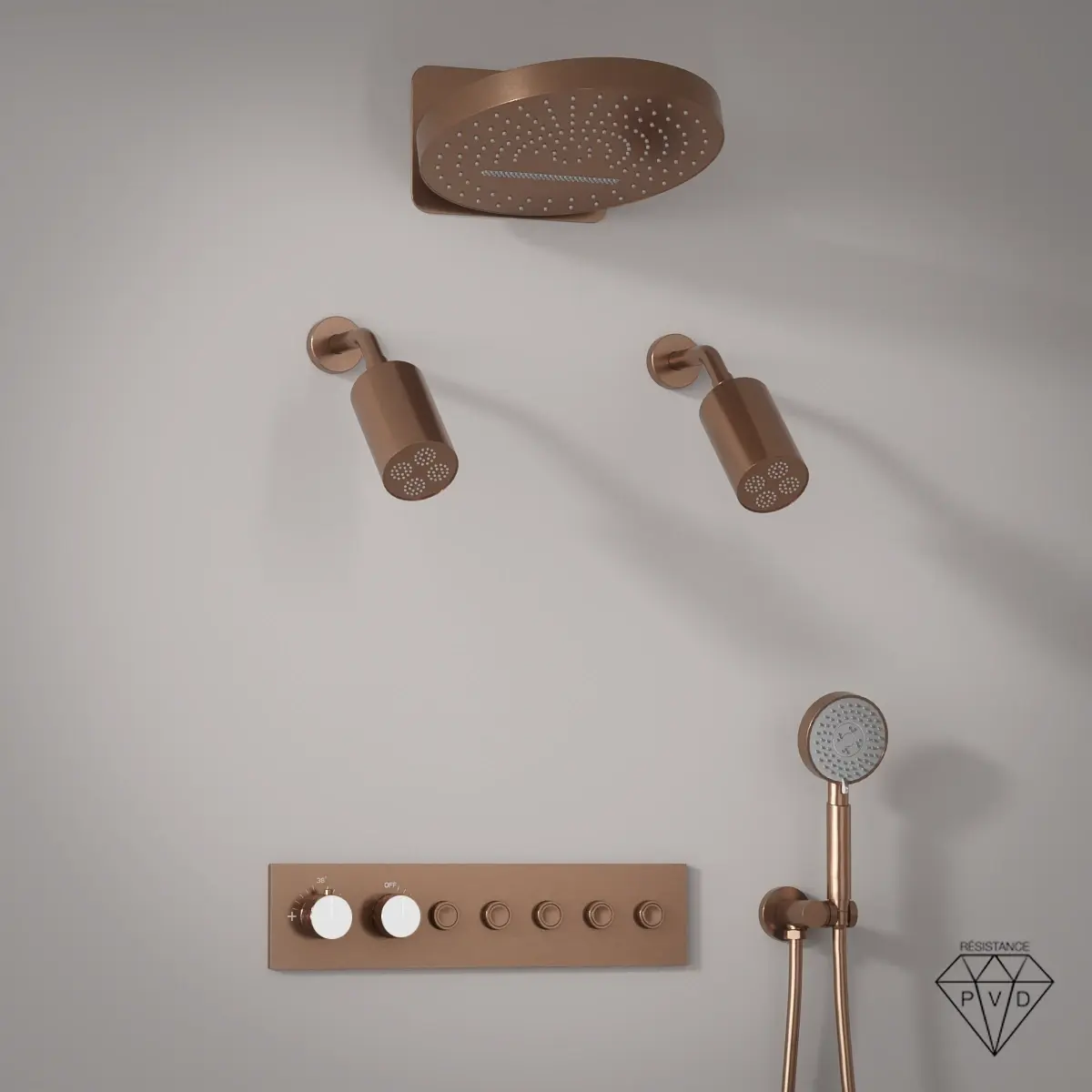 Douche thermostatique, ciel de douche ronde et douches épaules, doré rose brossé Châtelet.webp