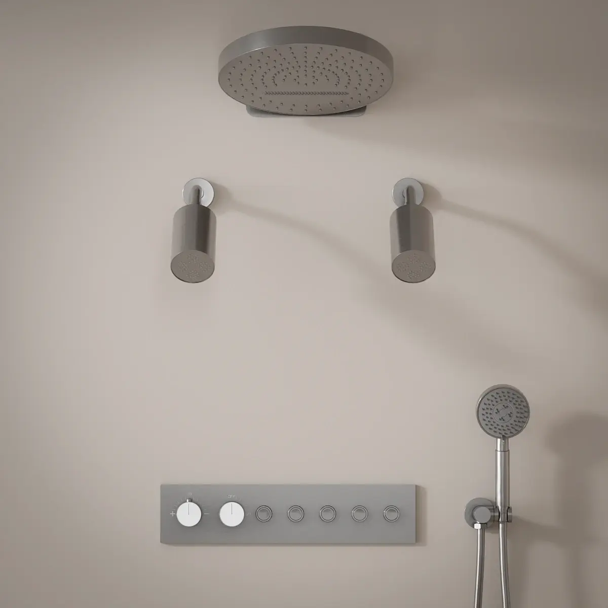 Douche thermostatique, ciel de douche rond et douches épaules, inox brossé Châtelet