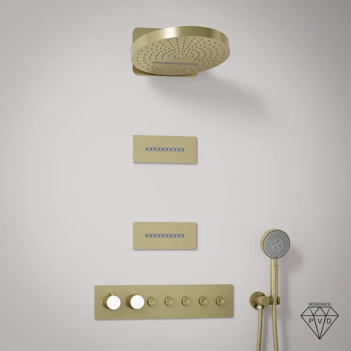 Composition de douche thermostatique doré brossé PVD Châtelet avec ciel rond et buses rectangulaires à effet d’eau ondulée