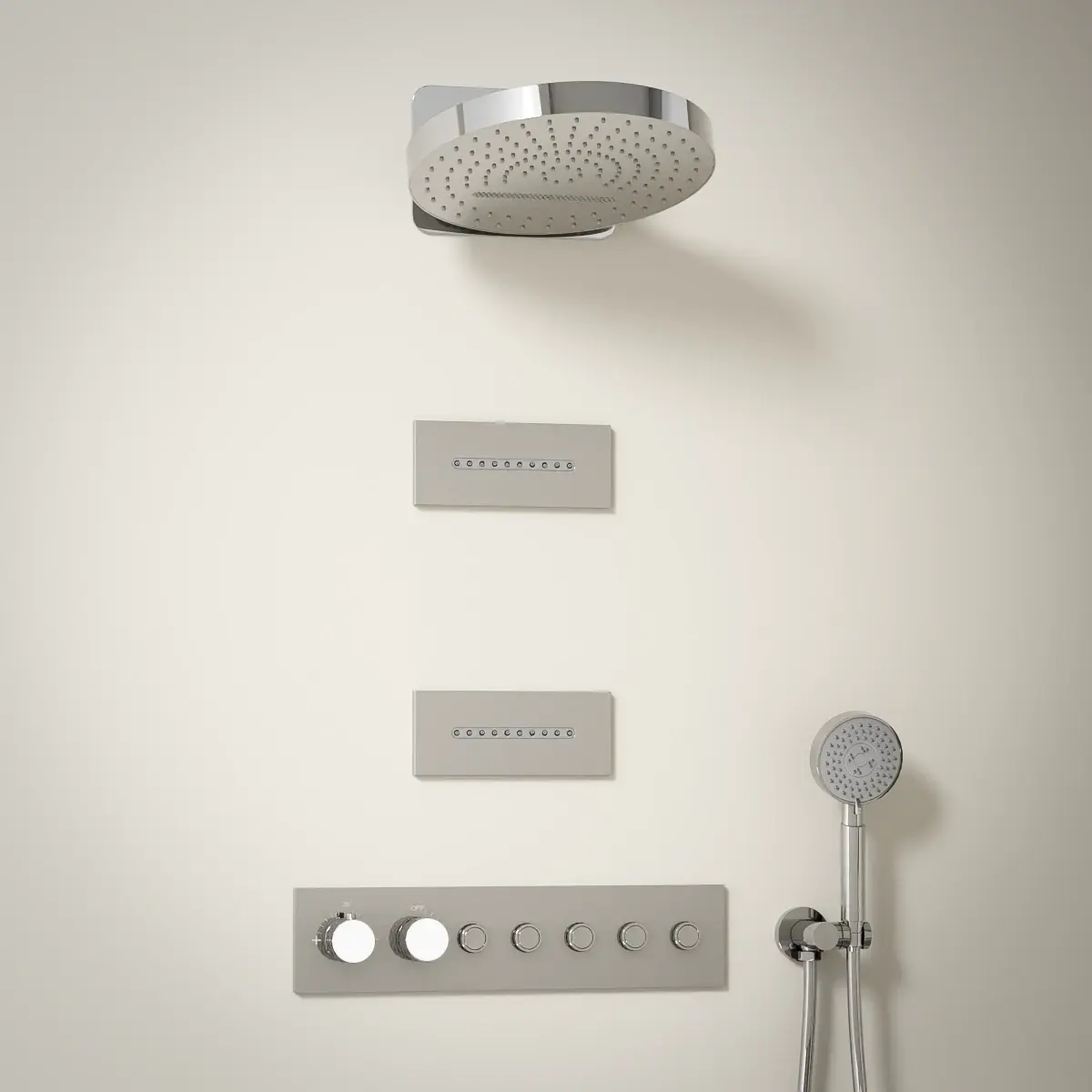 Composition de douche chromé Châtelet avec ciel de douche rond et buses rectangulaires à effet d’eau ondulée