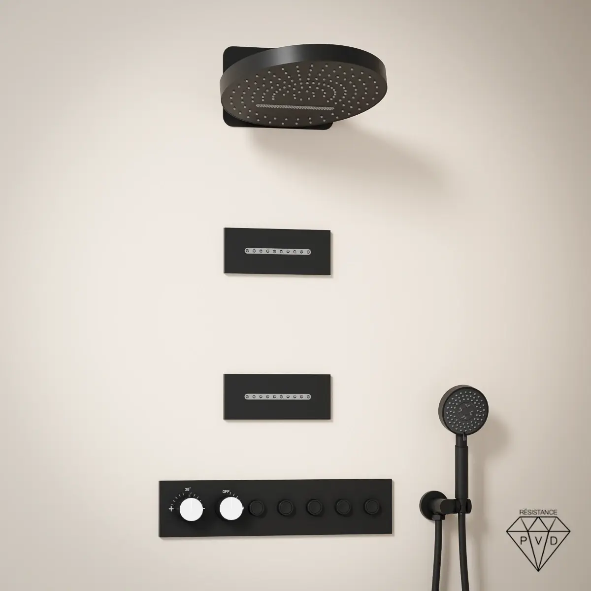 Composition de douche thermostatique noir brossé PVD Châtelet avec ciel rond et buses rectangulaires à effet ondulé