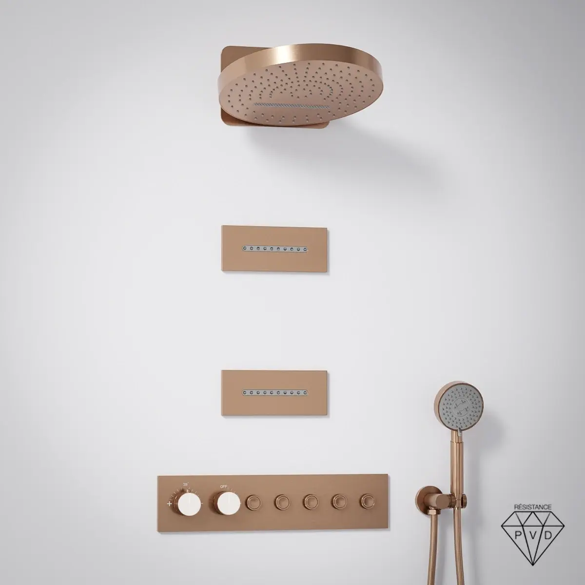 Composition de douche doré rose brossé PVD Châtelet avec ciel rond et buses rectangulaires à effet ondulé
