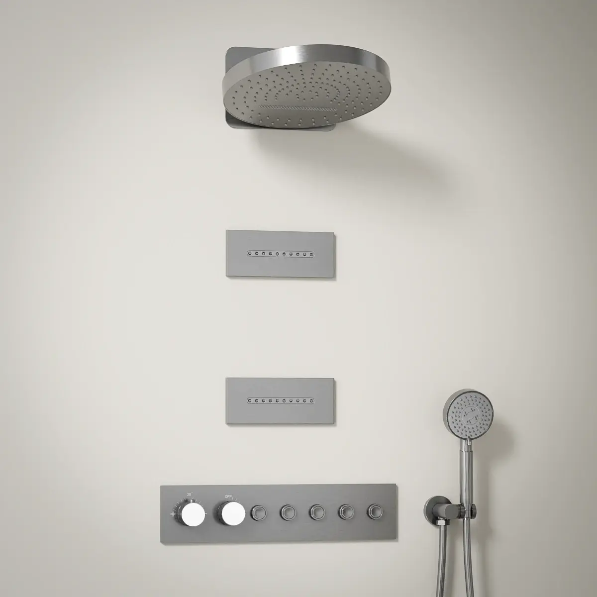 Composition de douche inox brossé Châtelet avec ciel de douche rond et buses rectangulaires à effet ondulé