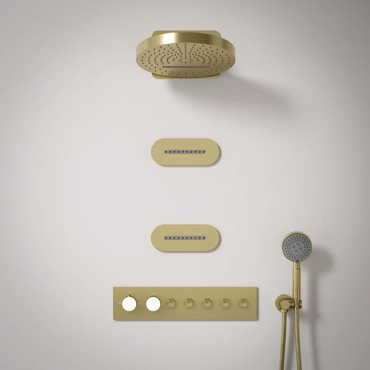 Douche thermostatique, ciel de douche ronde et buses, doré brossé Châtelet