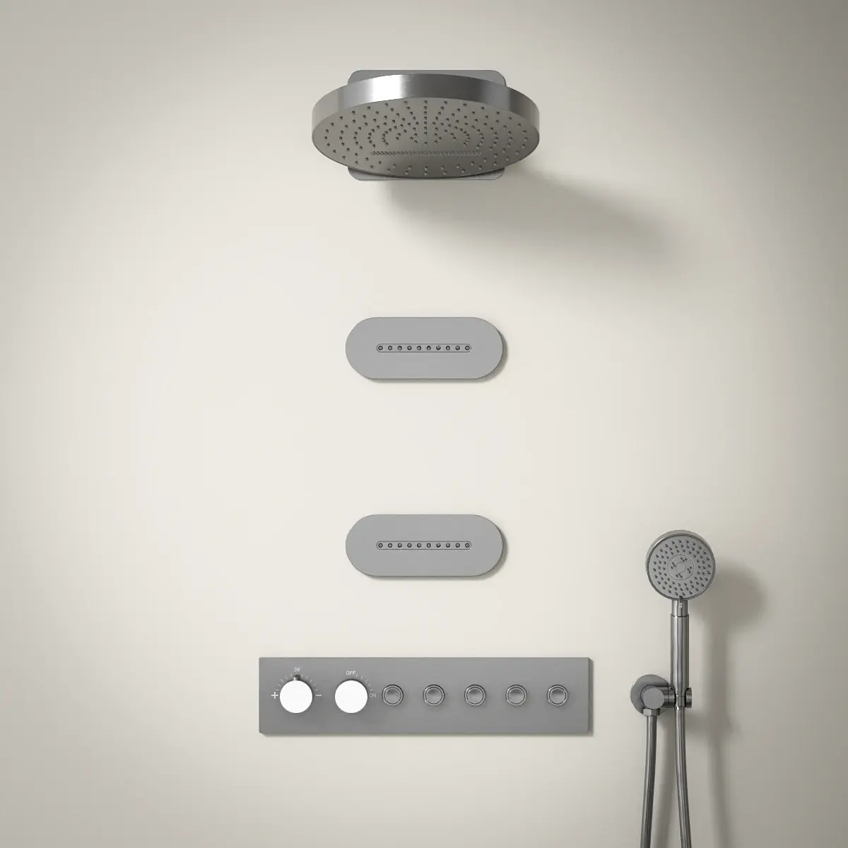 Douche thermostatique, ciel de douche ronde et buses, inox brossé Châtelet 