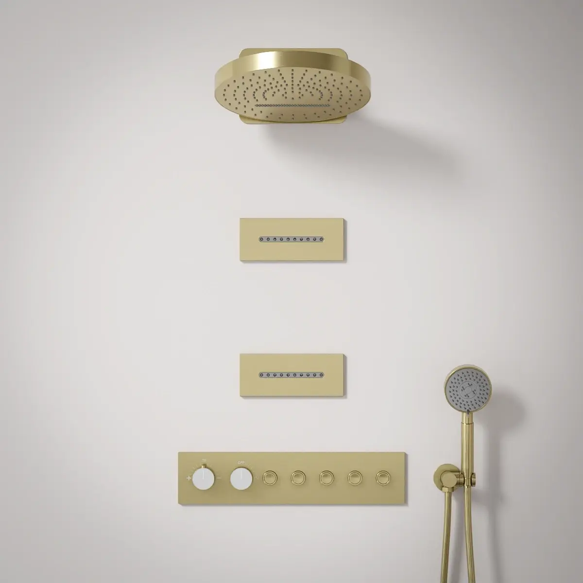 Douche thermostatique, ciel de douche cascade et pluie avec buses hydromassantes, doré brossé Châtelet