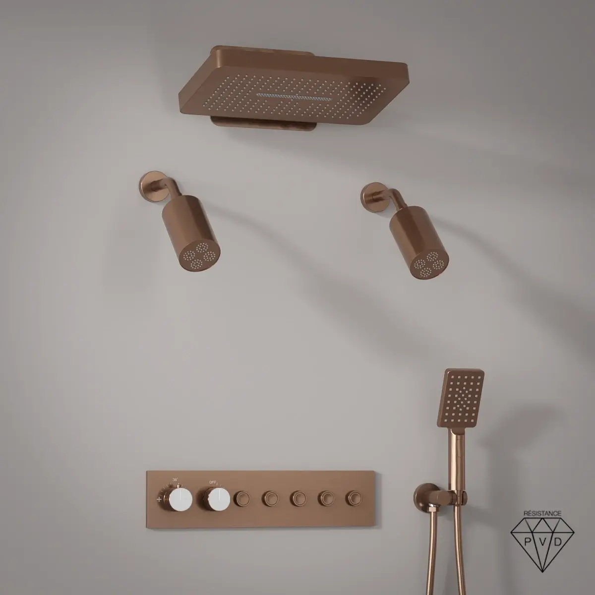 Douche thermostatique, ciel de douche carré et douches épaules, doré rose brossé Châtelet