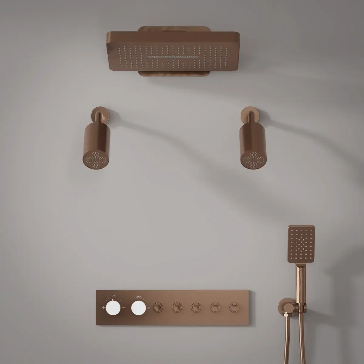 Douche thermostatique, ciel de douche carré et douches épaules, doré rose brossé Châtelet