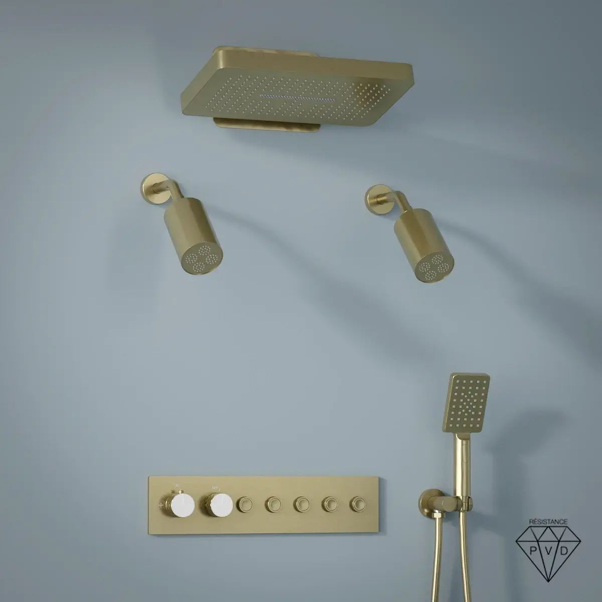 Douche thermostatique, ciel de douche carré et douches épaules, doré brossé Châtelet