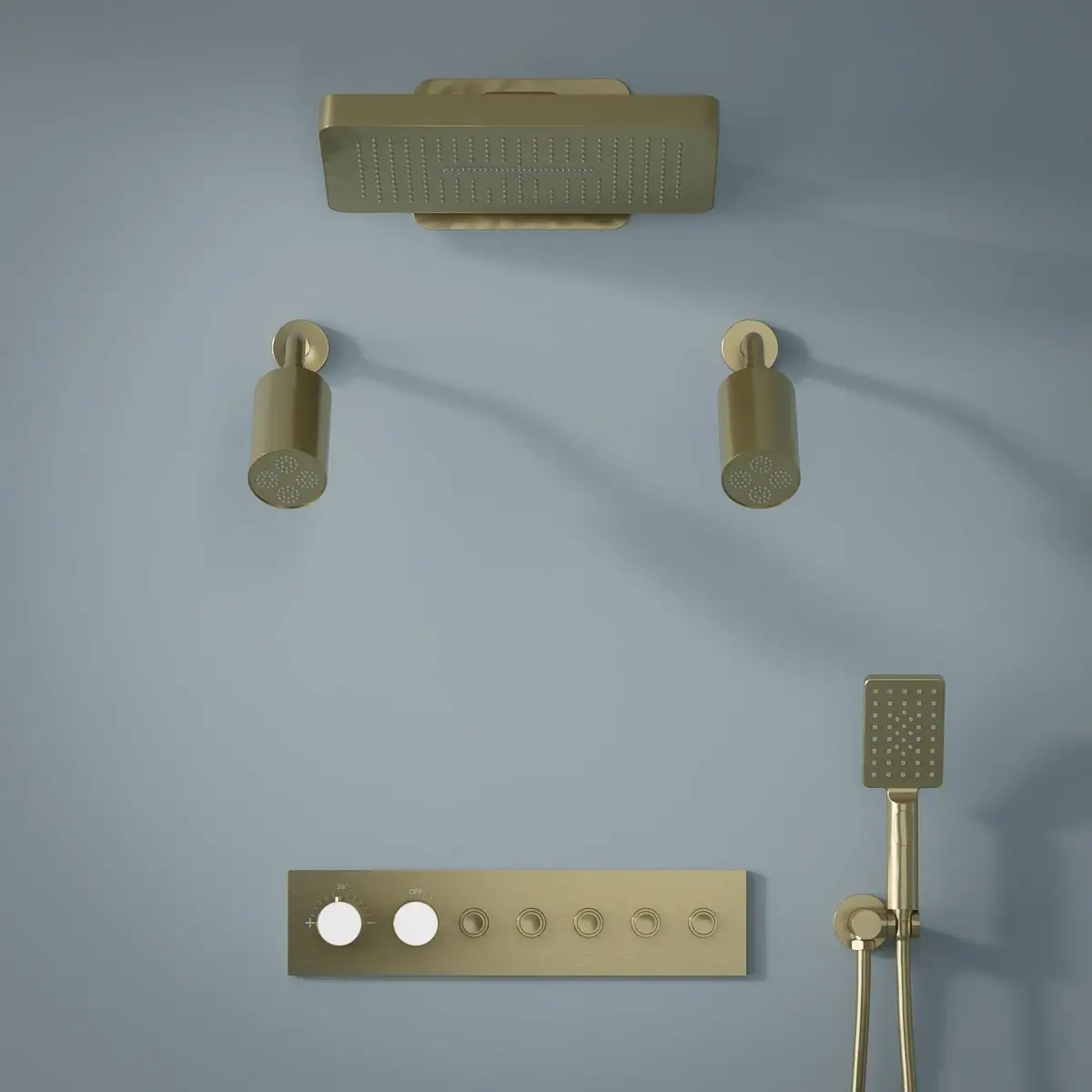 Douche thermostatique, ciel de douche carré et douches épaules, doré brossé Châtelet