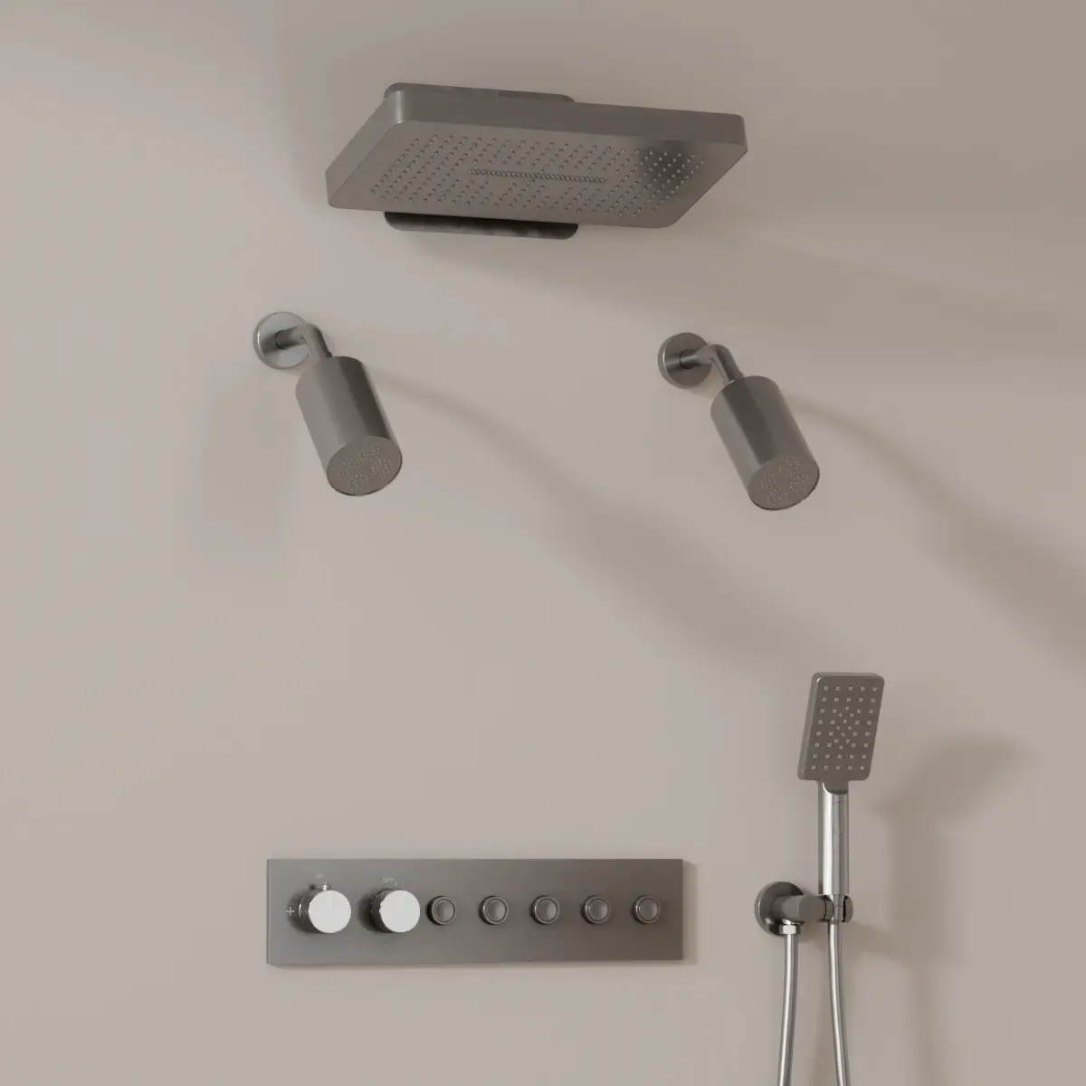 Douche thermostatique, ciel de douche carré et douches épaules, inox brossé Châtelet