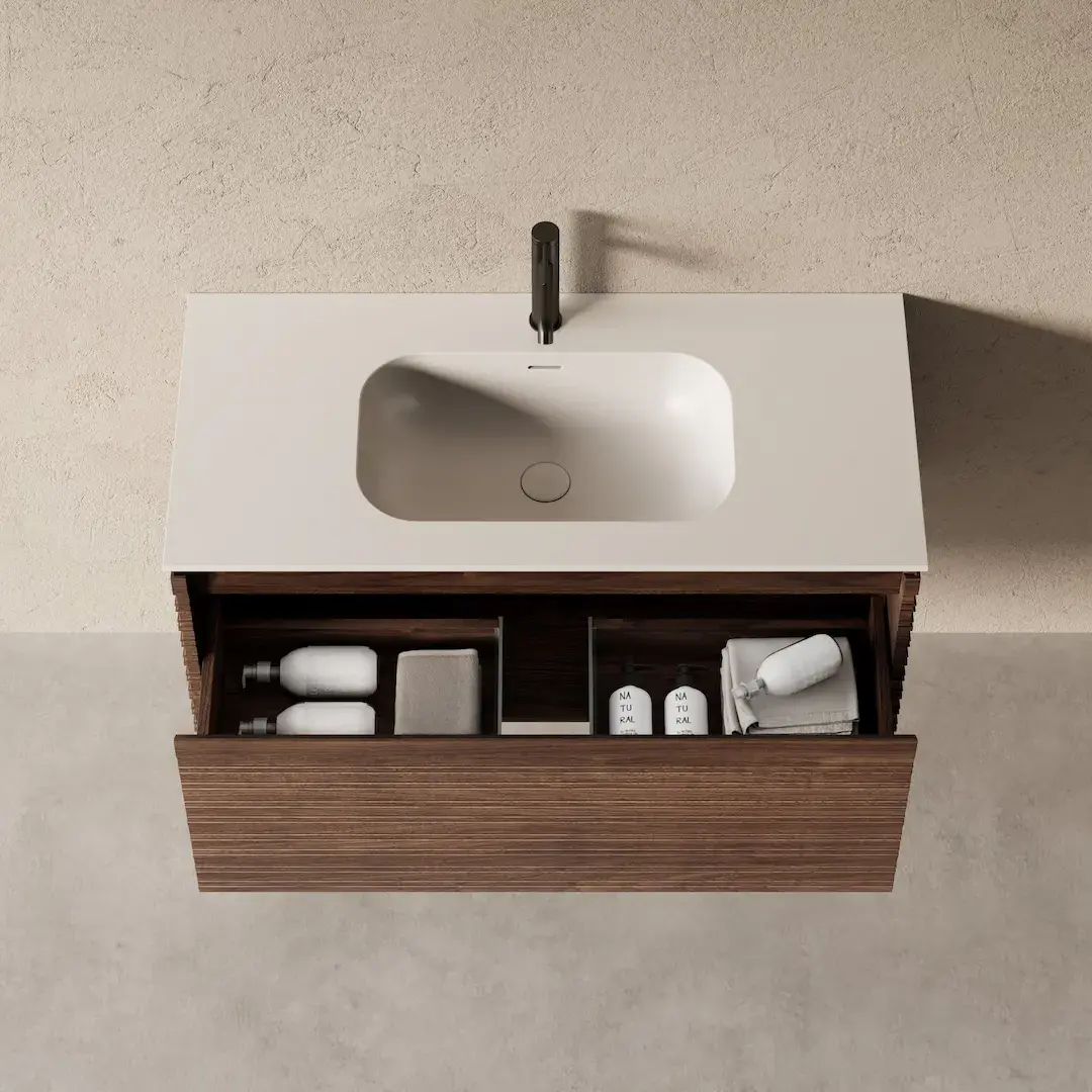 Meuble salle de bain simple vasque 100cm noyer cannelé - Orane