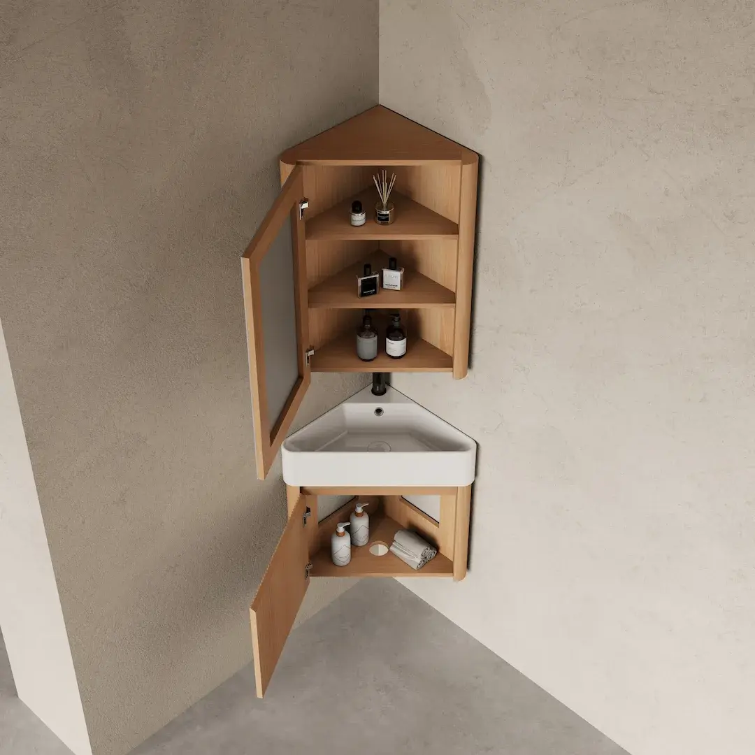 Ensemble armoire de toilette miroir et lave-main d'angle, chêne naturel, Elya