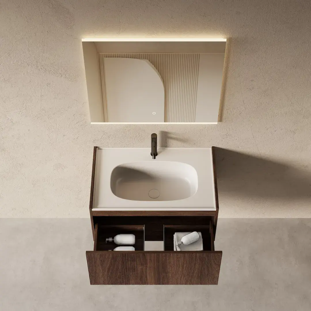 Meuble salle de bain vasque intégrée 80cm noyer - Loren  