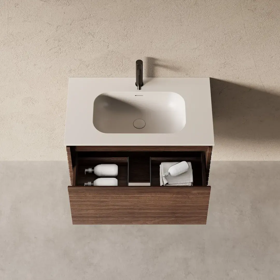 Meuble salle de bain simple vasque 80cm noyer cannelé - Orane 