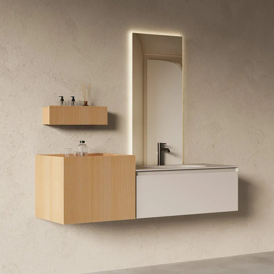 Ensemble salle de bain vasque résine 160cm chêne naturel  - Ines