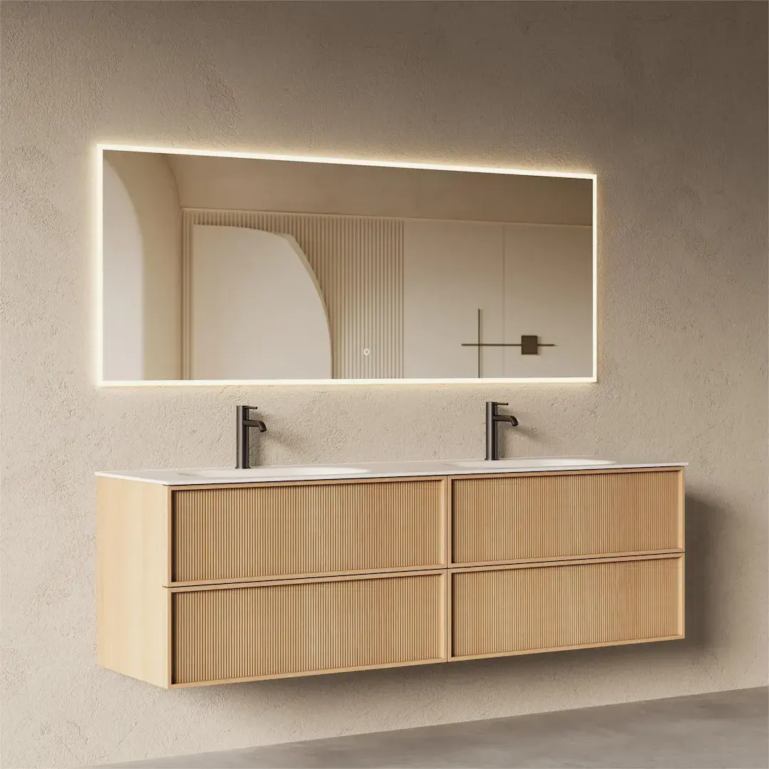 Meuble salle de bain, plan résine 180cm, chêne naturel - Noa