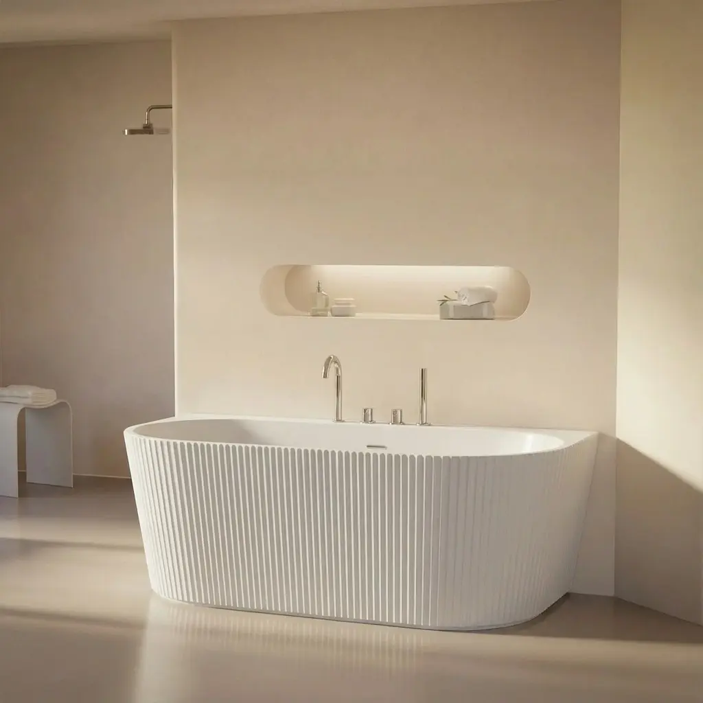 Baignoire murale cannelée, avec plage de robinetterie, 150 ou 170 cm, acrylique mat, Etretat