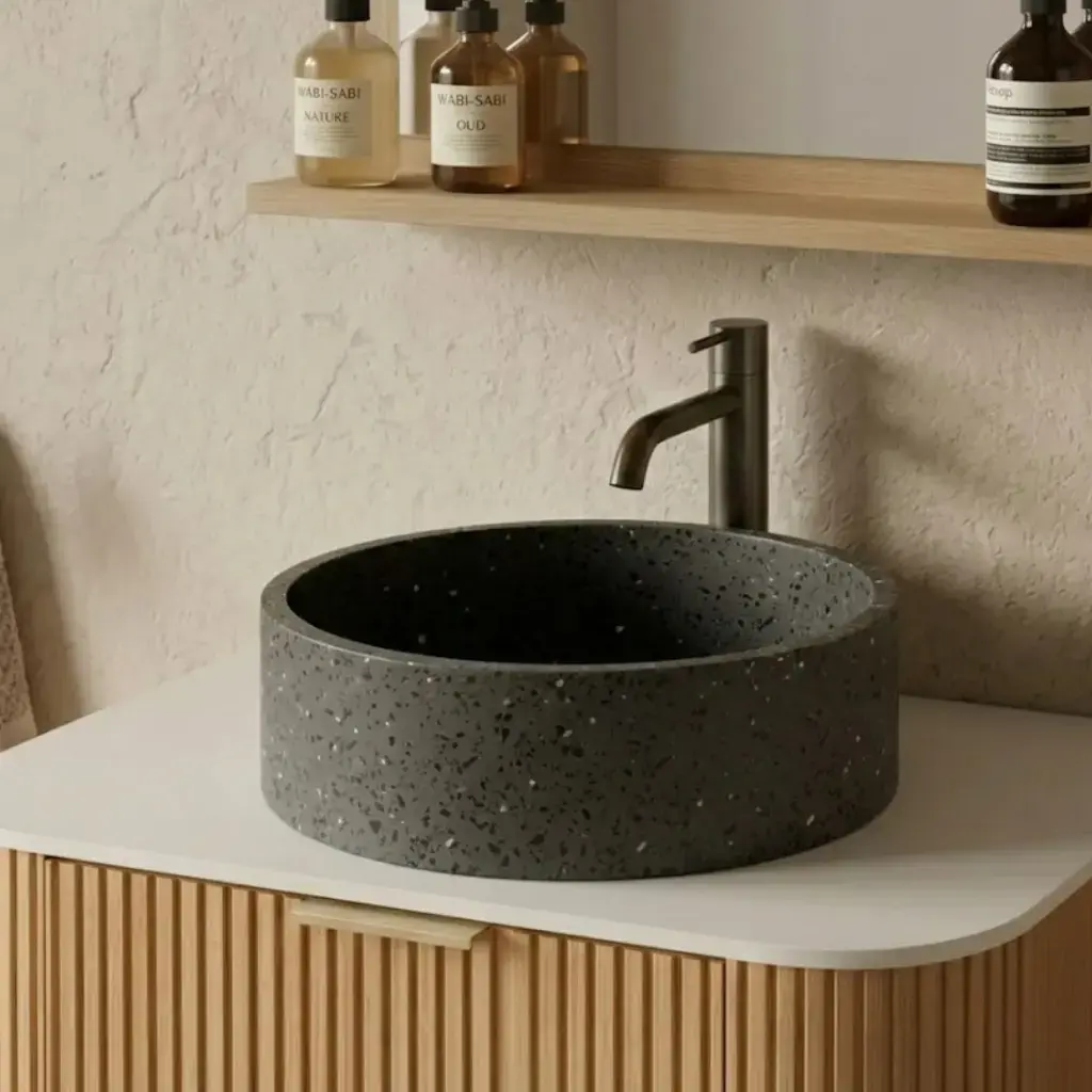 Vasque béton ronde, Ø39 cm, terrazzo noir, T6