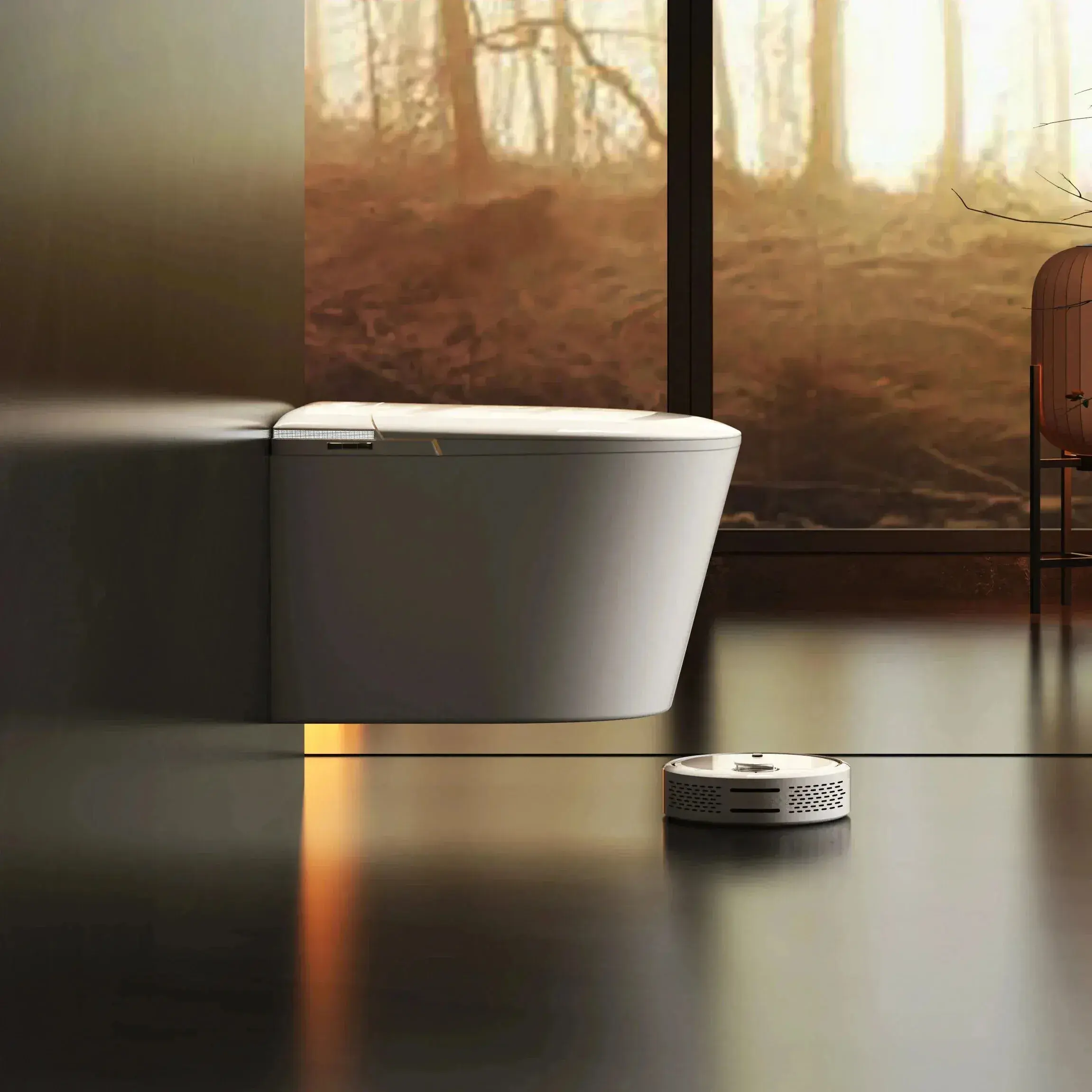 WC suspendu japonais Lodge blanc en céramique avec affichage digital, abattant électronique et capteur laser au pied