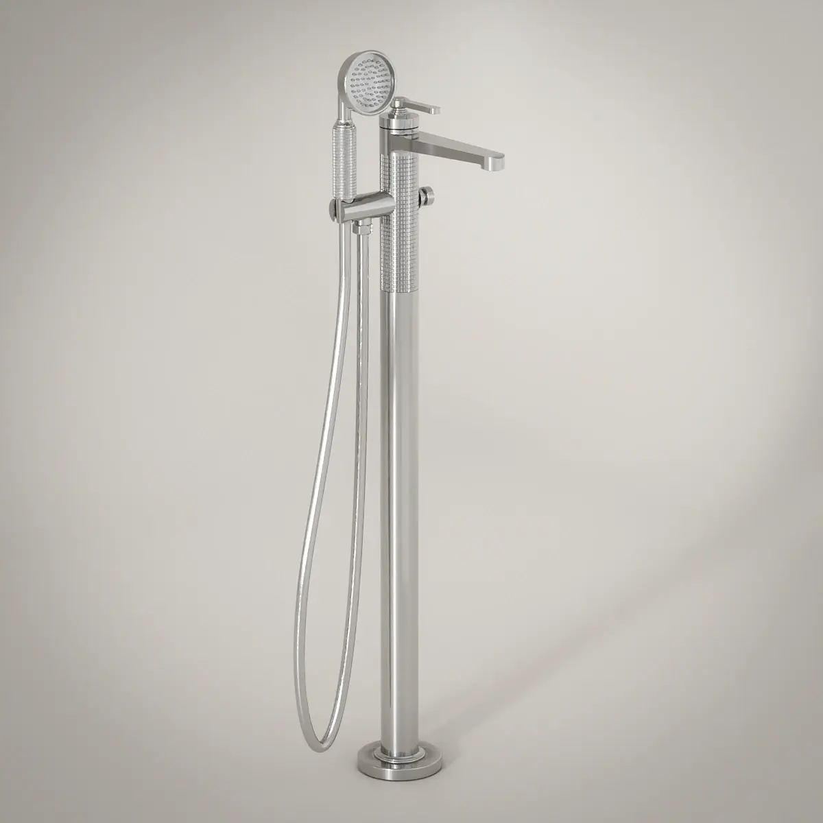 Robinet mitigeur de baignoire sur pied César en chrome avec corps cannelé, bec fixe et douchette à main ronde.