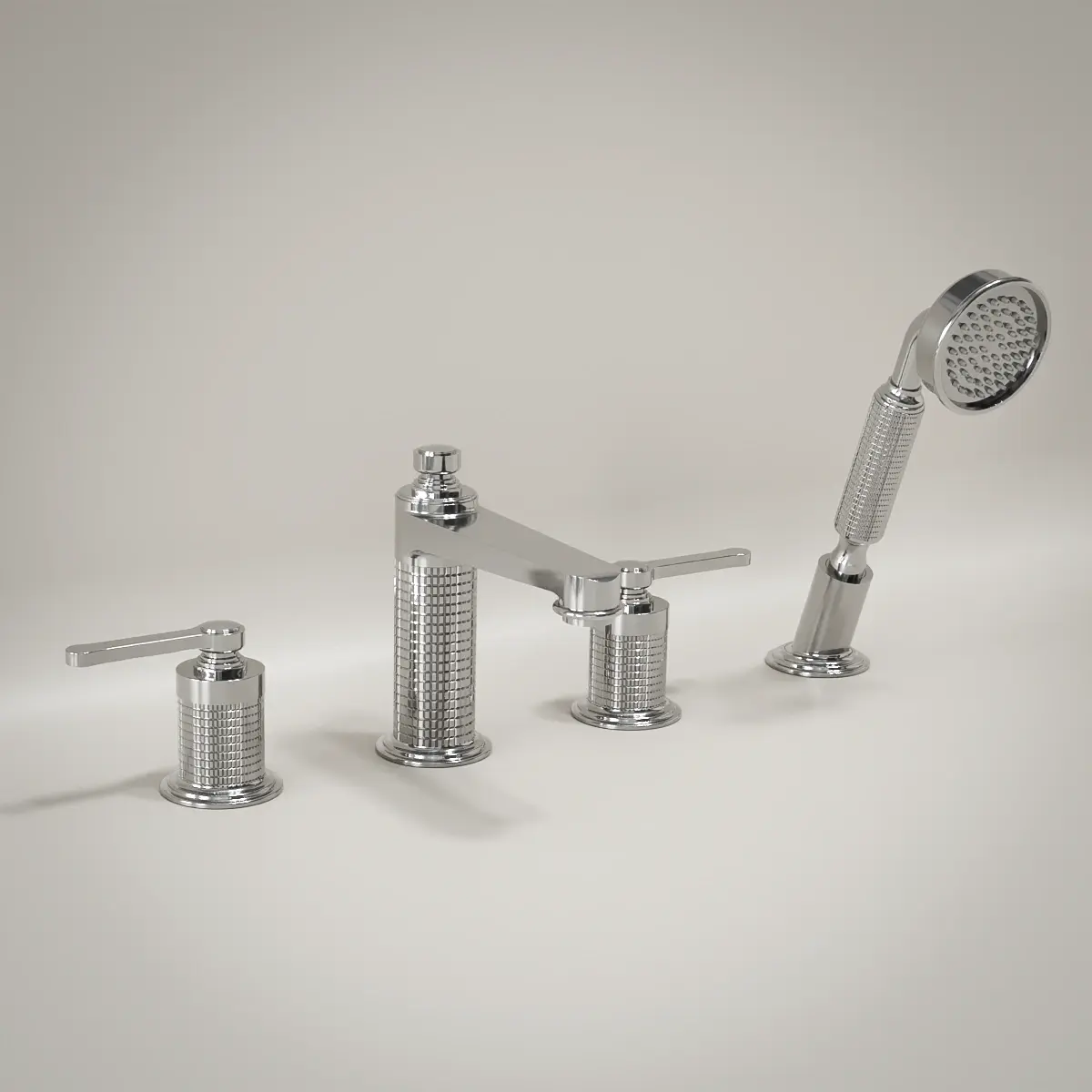 Mélangeur de baignoire sur plage César en chrome avec manettes cannelées, bec central et douchette extractible.