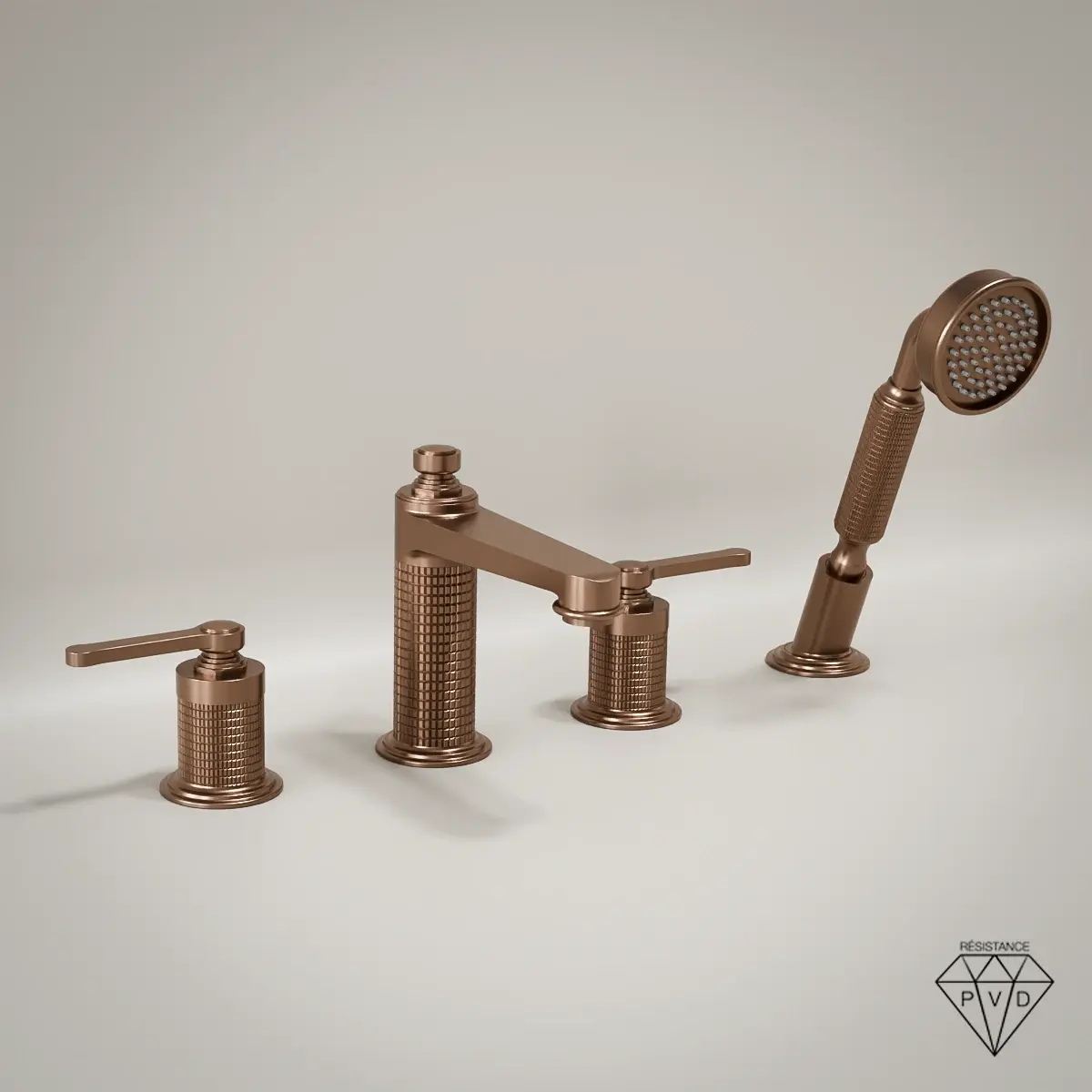 Mélangeur de baignoire sur plage César doré rose brossé à 4 trous, corps et manettes à texture cannelée avec douchette extractible.