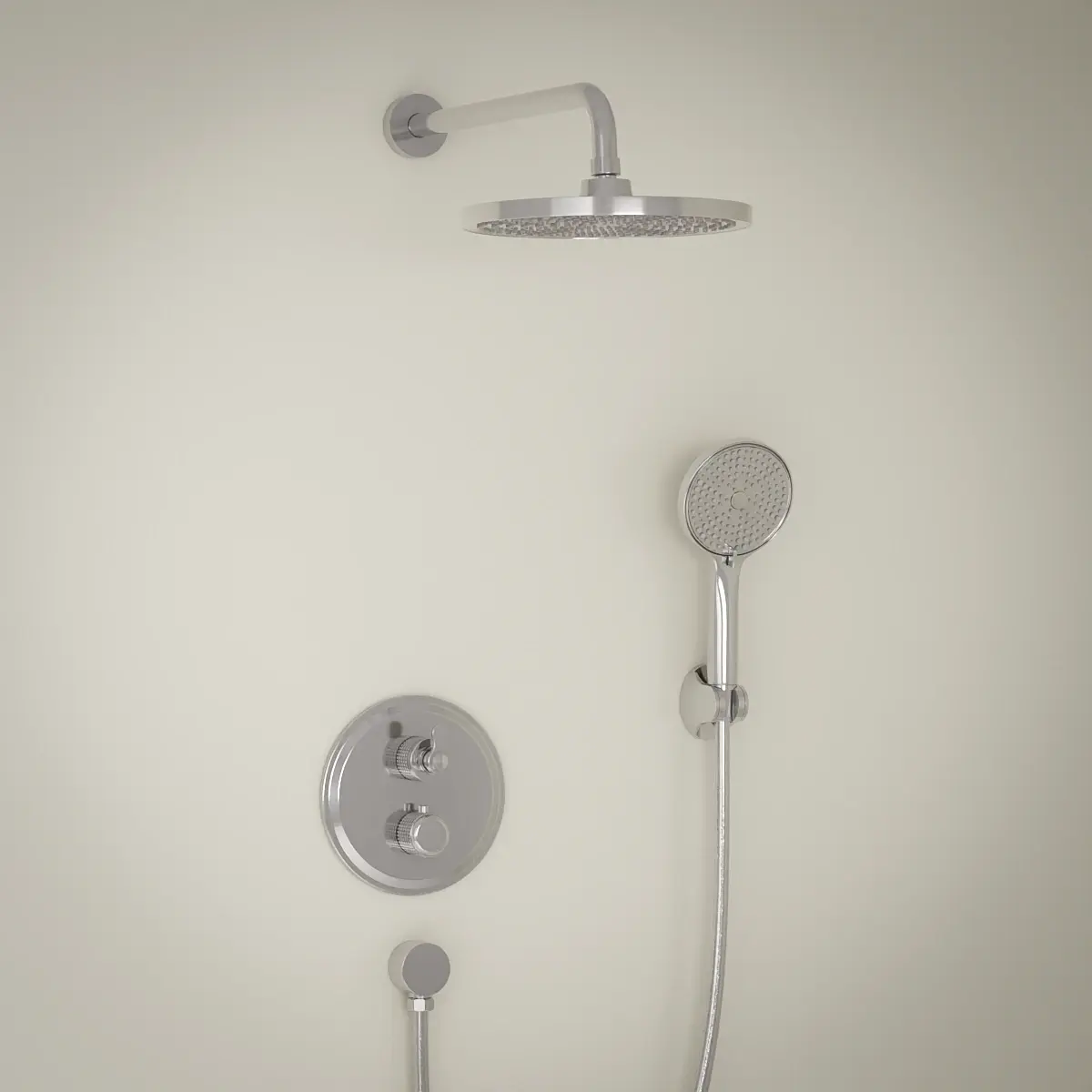 Composition de douche encastrée César chrome avec mitigeur cannelé, large pommeau de douche circulaire et douchette à main.