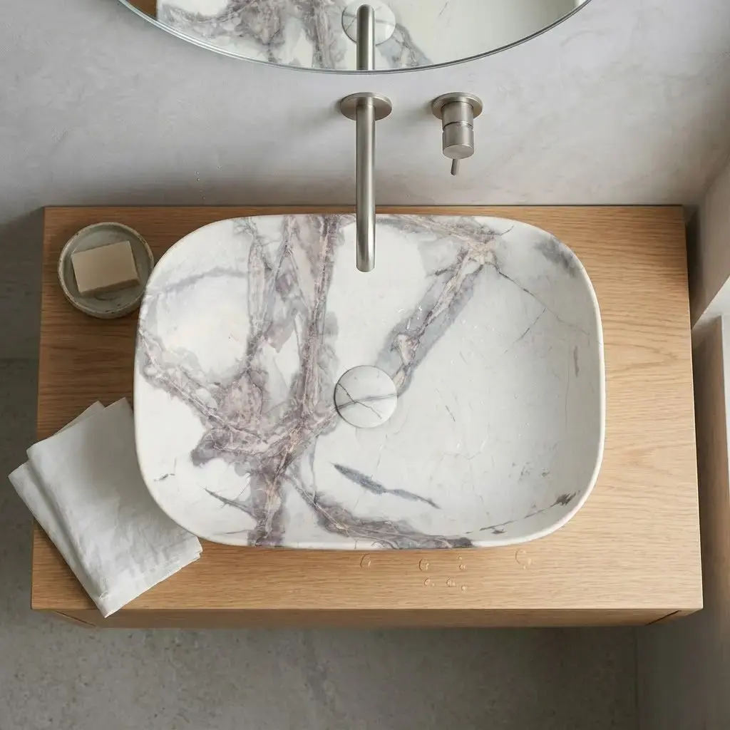 Vasque Céramique, 46x32x13CM, Effet Marbre Blanc Mat, Orta