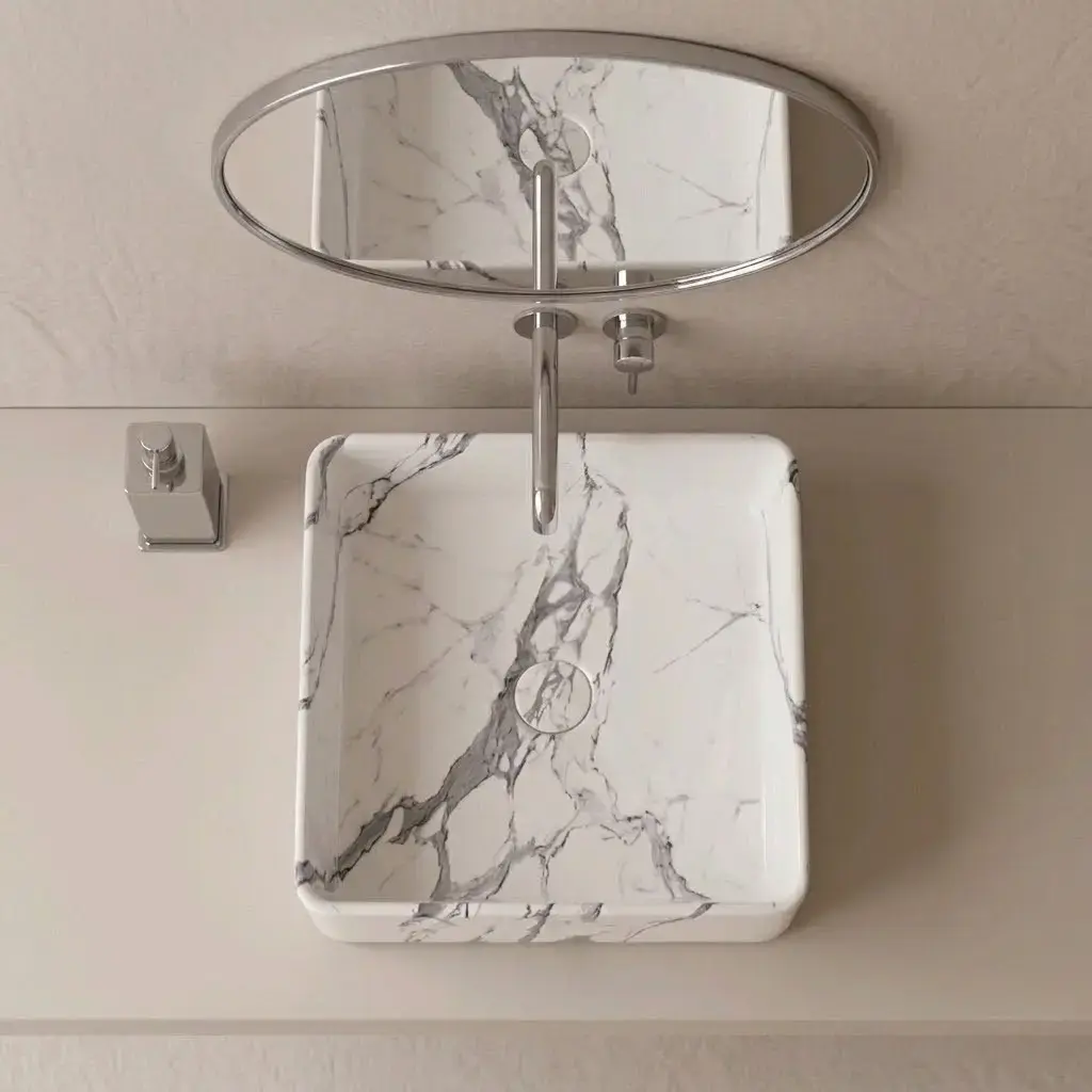 Vasque à poser effet marbre calacatta, 37.5x37.5x13.5, Lara 