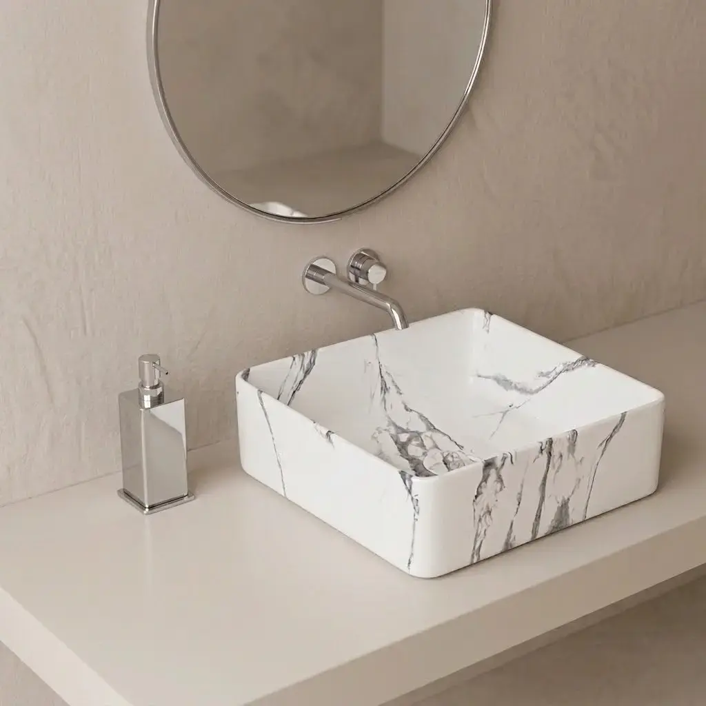 vasque à poser carrée en céramique avec finition effet marbre calacatta, dotée d’une bonde assortie.